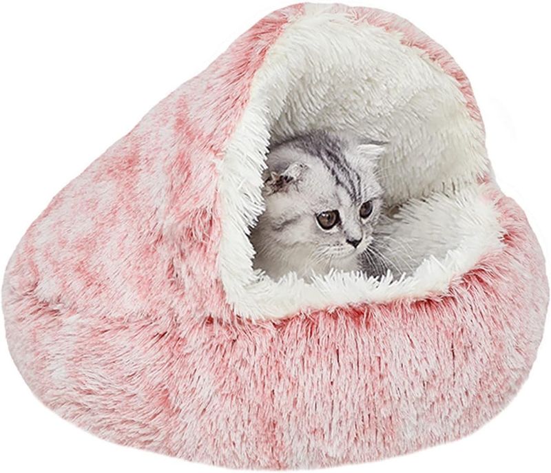 Photo 1 of YUDANSI Cat Bed Hooded for Indoor Cats, Dog Bed with Large Covered Hood for Small Dogs Cats Puppy Kitty, Anti Anxiety Donut Cuddler, Anti Slip Plush Faux Fur Enclosed Pet Nest (Washable)(Pink-20inch)