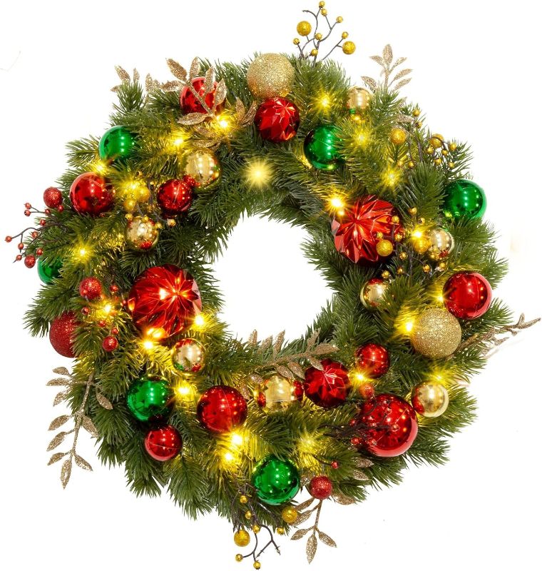 Photo 1 of  Christmas Wreath Hanging Red Gold Green Ball Ornaments Shiny Berries, 40 LED Lighted Christmas Front Door Wreaths 8 Flashing Modes for Outside Indoor Home Party Fireplace Window Xmas Decor