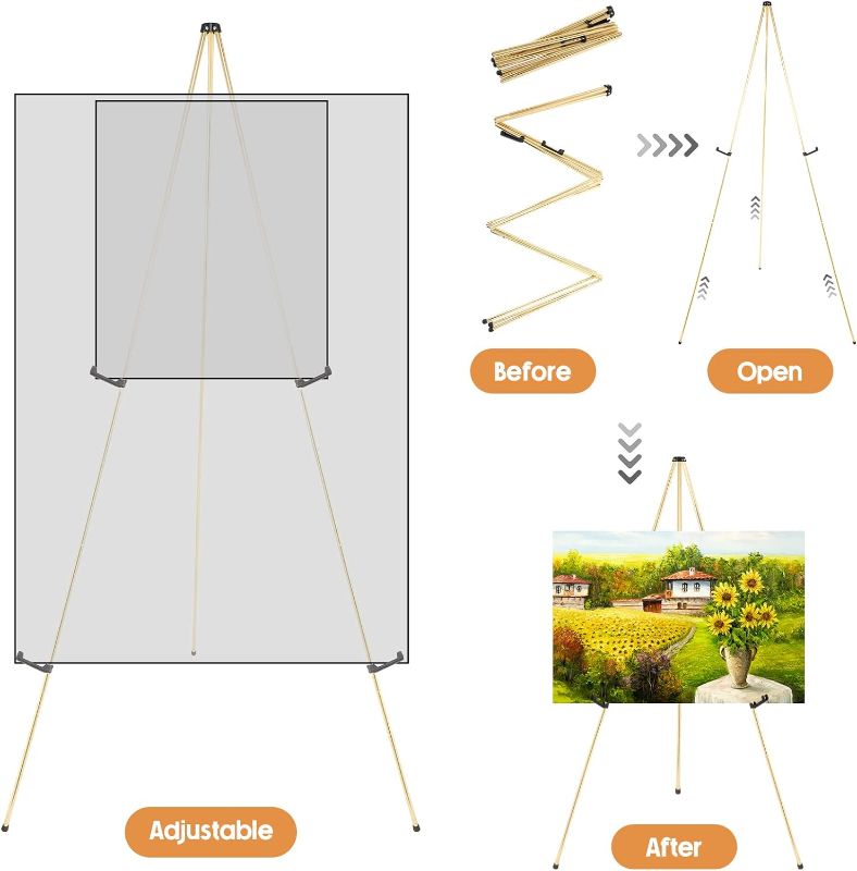 Photo 1 of  Easel Stand for Display Wedding Sign, Poster, 63" Tall Metal Floor Display Easel Holder Gold Adjustable Wedding Easel Tripod Portable Standing Poster Easel for Show Presenting Art Painting
