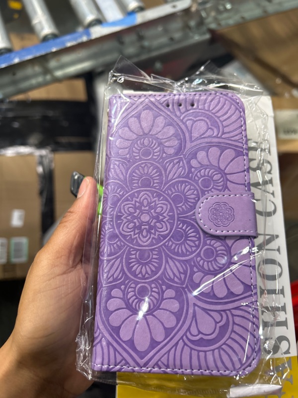 Photo 3 of Ateeky iPhone 14 Case with Card Holder, Embossed Mandala Pattern PU Leather Shockproof Protective Wallet Cover for iPhone 14 (Light Purple)