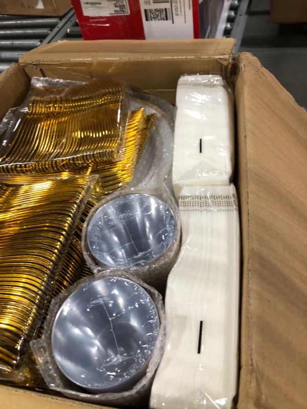 Photo 2 of 700 Piece Gold Dinnerware Set for 100 Guests, Plastic Plates Disposable for Party, Include: 100 Gold Rim Dinner Plates, 100 Dessert Plates, 100 Paper Napkins, 100 Cups, 100 Gold Plastic Silverware Set