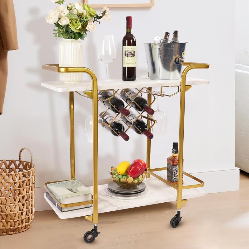 Photo 1 of **SOMETHING SIMILAR , ROUNF MARBLE TOPS NOT SQUARE** Benoss 2- Tier Bar Cart on Wheels, 33'' H Mobile Serving Wine Cart with Glass Holder and Wine Rack, Modern Rolling Drink Trolley for Coffee Tea Wine, Beverage Bar Cart for the Home Kitchen Party Black 2