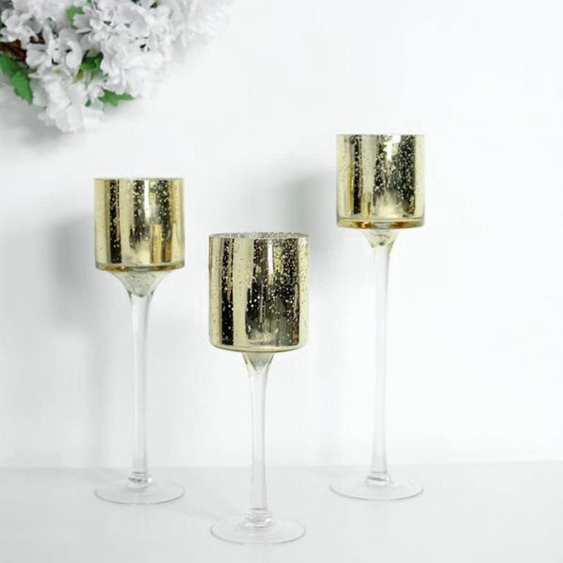 Photo 1 of ***10 Set of 3*** - Gold Long Stem Mercury Glass Cylinder Vase, Candle Holder Set  8"|9"|10" "for Wedding, Outdoor Receptions, Banquets, Holiday Dining
 - 8"|9"|10" - Gold 