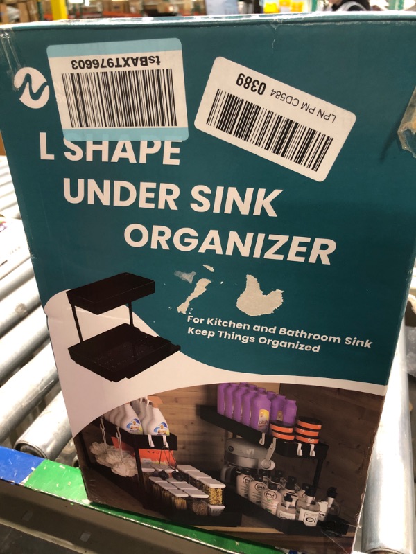 Photo 3 of 2-Tier Under Sink Organizers and Storage 2 Pack Sliding L-shape Under Bathroom Kitchen Cabinet Organizers Narrow Space Storage Multi-purpose Sink Organizer for Bathroom Kitchen Drawer(Black 2 Pack)