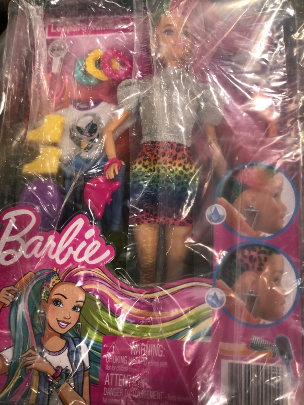 Photo 2 of Barbie Leopard Rainbow Hair Doll (Blonde) with Color-Change Hair Feature, 16 Hair & Fashion Play Accessories Including Scrunchies, Brush, Fashion Tops, Cat Ears, Cat Purse & More