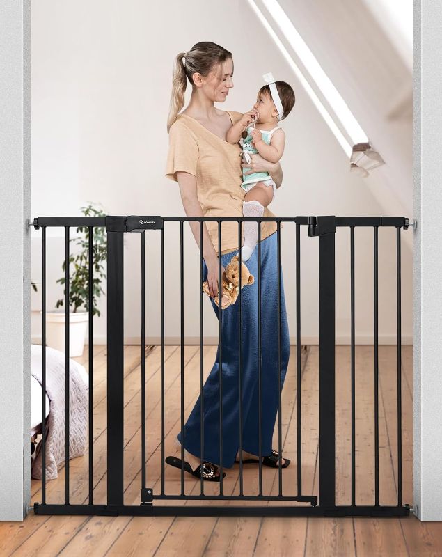 Photo 1 of COMOMY 36" Extra Tall Baby Gate for Stairs Doorways, Fits Openings 29.5" to 48.8" Wide, Auto Close Extra Wide Dog Gate for House, Pressure Mounted Easy Walk Through Pet Gate with Door, Black