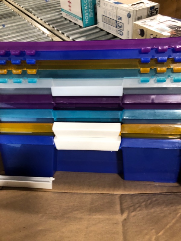Photo 1 of Storex Classroom Craft Project Box – Stacking Plastic Organizer Fits 12x12 Scrapbooking Paper, Assorted STEAM Colors, 5-Pack (63202C05C)