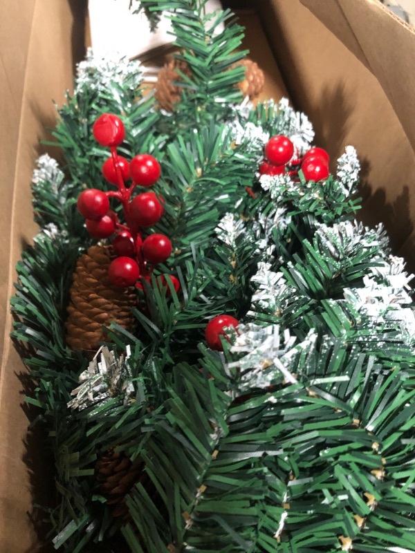 Photo 1 of 24 Inch Tabletop Mini Snow Christmas Tree, Artificial Mini Xmas Pine Tree with LED String Lights and Ornaments (Green)