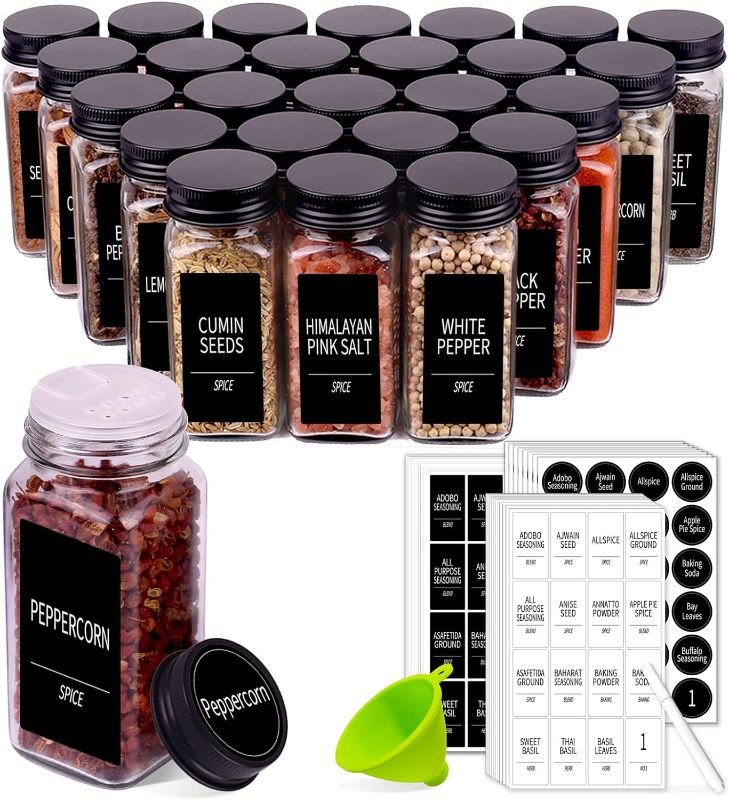 Photo 1 of 25 Spice Jars with 547 Labels- Glass Spice Jars with Black Metal Caps, 4oz Empty Spice Containers with Shaker Lids, Funnel, Chalk Pen, Churboro Square Seasoning Bottles for Spice Rack, Drawer, Cabinet