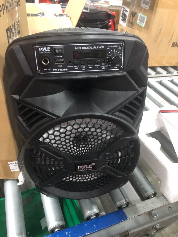 Photo 5 of Portable Bluetooth PA Speaker System - 300W Rechargeable Indoor/Outdoor Bluetooth Portable PA System w/ 8” Subwoofer 1” Tweeter, Microphone In, Party Lights, MP3/USB, Radio, Remote - Pyle PPHP836B