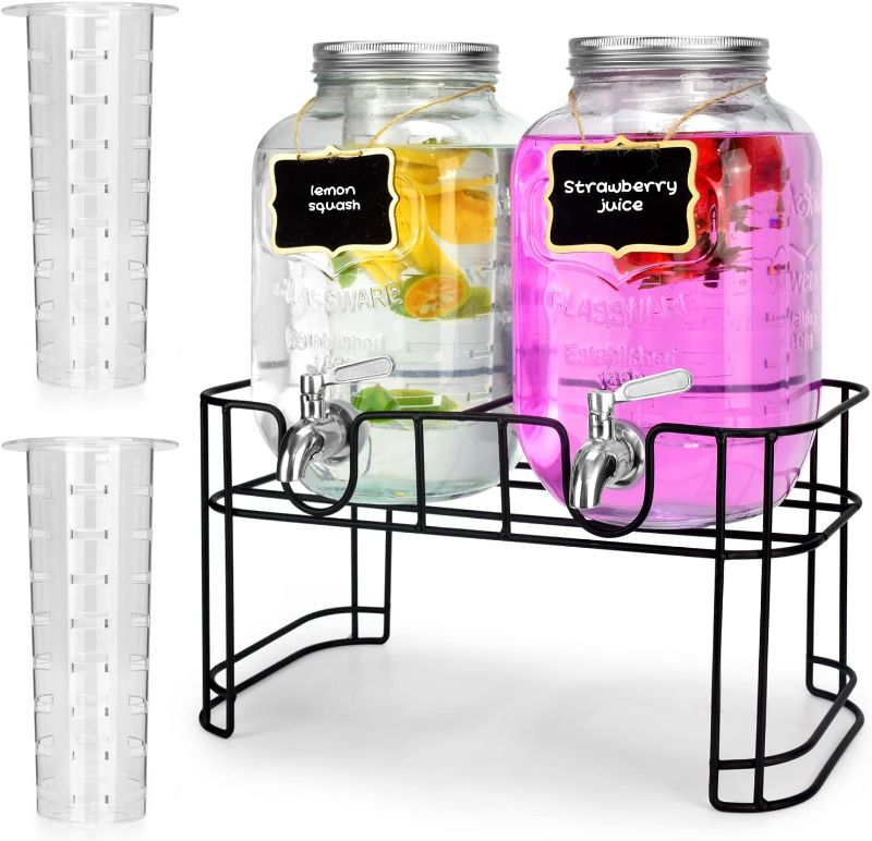 Photo 1 of 1 Gallon Glass Drink Dispensers For Parties 2PACK.Beverage Dispenser?Drink Dispenser With Stand And Stainless Steel Spigot 100% Leakproof.Glass Drink Dispenser With Ice Cylinder. Lemonade