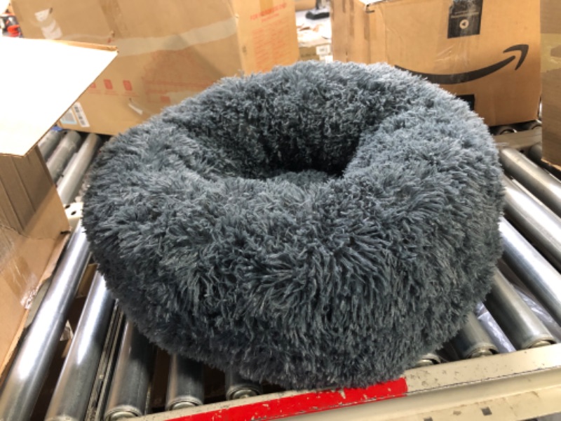 Photo 2 of BODISEINT Modern Soft Plush Round Pet Bed for Cats or Small Dogs, Mini Medium Sized Dog Cat Bed Self Warming Autumn Winter Indoor Snooze Sleeping Cozy Kitty Teddy Kennel (24'' D x 8'' H, Dark Grey) Medium 24'' Dark Grey