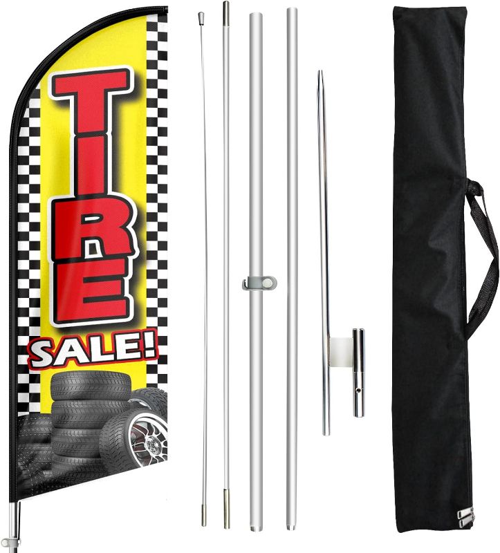 Photo 1 of *Similar Item* * Similar Color* FSFLAG Tire Advertising Swooper Flag, Tire Sale Feather Flag Pole Kit with Ground Stake, Advertising Swooper Business Sign Flag Pole Kit for Tires Sale (Yellow)
