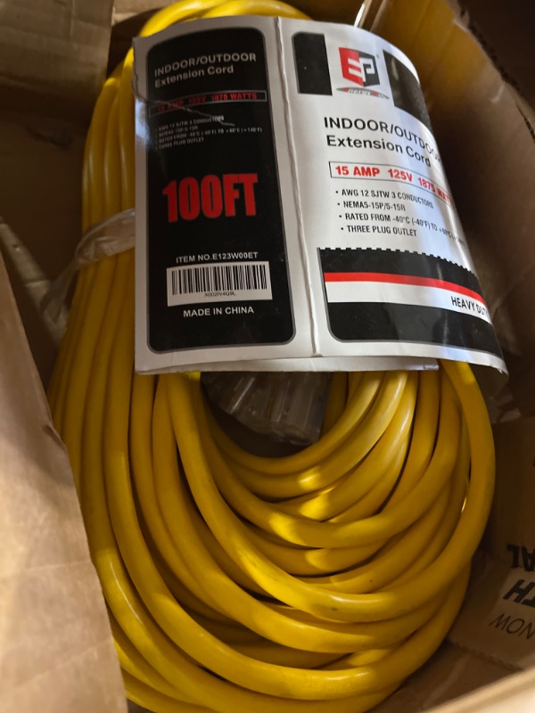 Photo 2 of EP 100 Ft Lighted Outdoor Extension Cord with 3 Electrical Power Outlets - 12/3 SJTW Heavy Duty Yellow Extension Cable with 3 Prong Grounded Plug for Safety, UL Listed 100FT Yellow