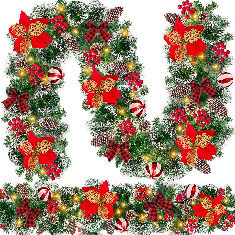 Photo 1 of [8 Modes & Timer] 2 Pack 9 Ft 100 LED Christmas Garland Decorations with Lights Battery Powered Thicker 270 Branches 198 Red Berry 4 Poinsettia Balls Bows 30 Snowy Pine Pine Cone Home Outdoor Decor