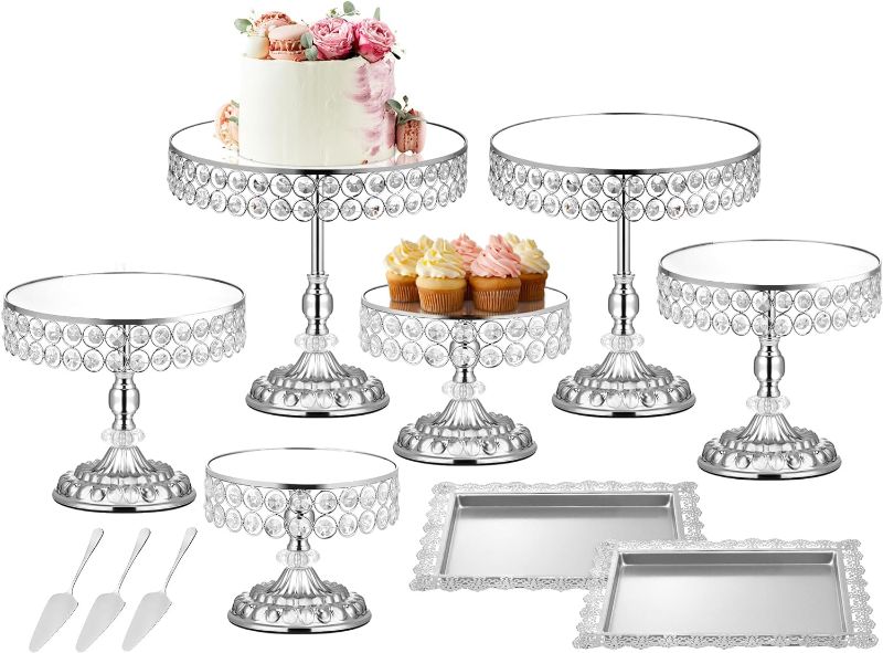 Photo 1 of 12 Pieces Silver Cake Stand Set, Vintage Cake Display Stand with Crystal Edge and Cupcake Display Tray, Dessert Table Display Set for Wedding Party Baby Shower Anniversary Celebration