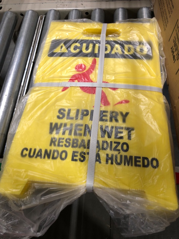 Photo 2 of MATTHEW CLEANING 19'' Industrial Wet Floor Sign 3 Pack 2-Sided Durable Corrugated Plastic Birght Yellow Multilingual Warning Signs Commercial Caution Wet Fold-out Floor Signs For Indoors Light Yellow 19''x12'' 3Pack