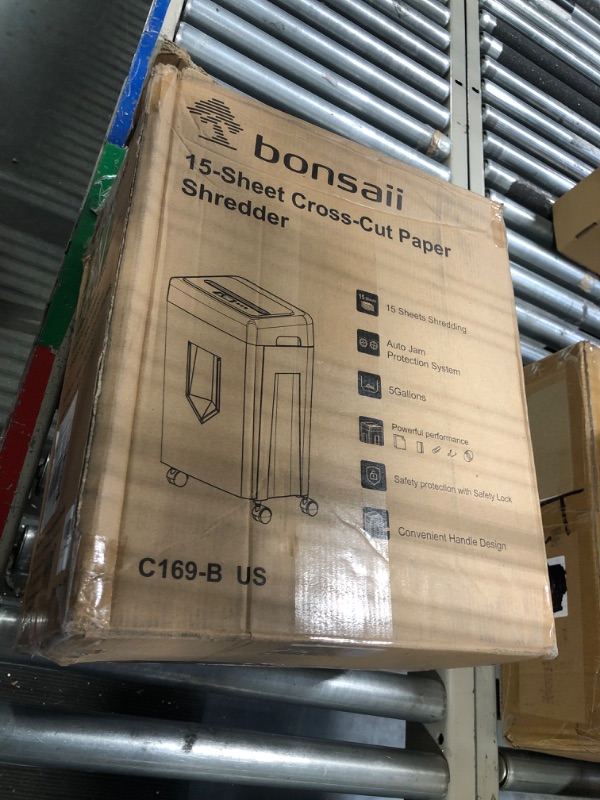 Photo 2 of ********** FOR PARTS ******* Bonsaii 15-Sheet Office Paper Shredder, 40 Mins Heavy Duty Shredder for Home Office, Crosscut Shreder with Anti-Jam System & P-4 High Security Supports CD/Credit Cards/Staple,5 Gal Pullout Bin C169-B 1 5 Sheet-40 mins