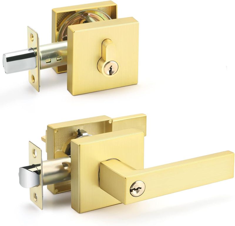 Photo 1 of 2 Pack Brass Front Door Entry Lever Lockset and Single Keyed Square Deadbolt Combination Set, Heavy Duty, Satin Brass (Keyed Alike)