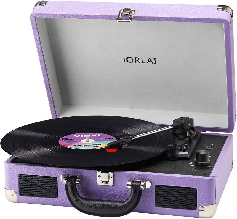 Photo 1 of JORLAI Record Player 3 Speed Vinyl with Bluetooth Vintage Turntable Built in Battery Portable Suitcase Support Aux in RCA Line Out Headphone Jack Purple
