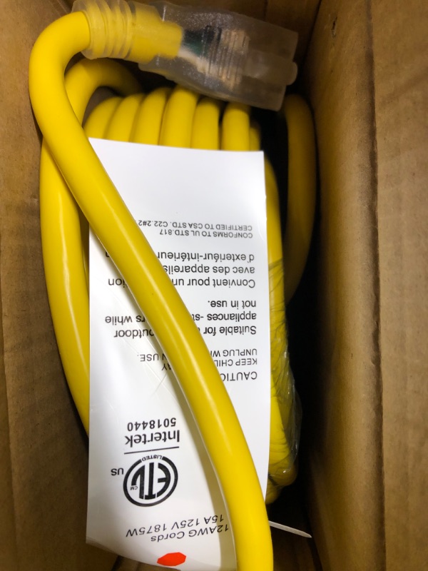 Photo 2 of 12/3 Gauge Heavy Duty Outdoor Extension Cord 50 ft Waterproof with Lighted end, Flexible Cold-Resistant 3 Prong Electric Cord Outside, 15Amp 1875W 12AWG SJTW, Yellow, ETL HUANCHAIN Yellow 50 foot