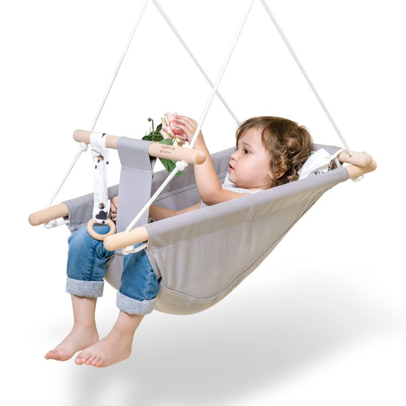 Photo 1 of Baby Swing for Baby and Toddler, Canvas Baby Hammock Swing Indoor and Outdoor with Safety Belt and Mounting Hardware, Wooden Hanging Swing Seat Chair for Baby up to 4 Year - Little Cloud
