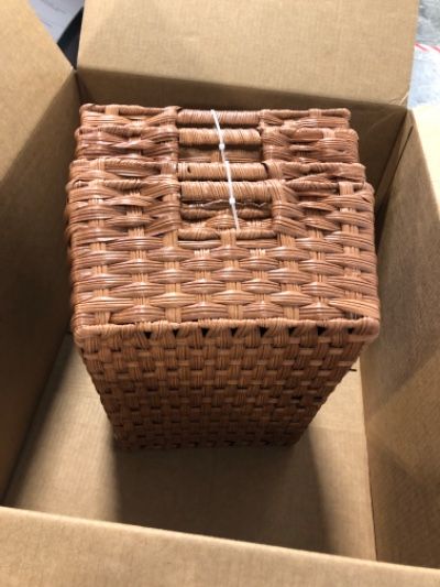 Photo 4 of Onlytak Large Wicker Storage Basket, Metal Frame, Set of 4, Washable Waterproof, 15" x 10.3" x 5.2", Caramel Orange, Woven Basket for Pantry, Toilet, Bathroom, Bedroom, Patio