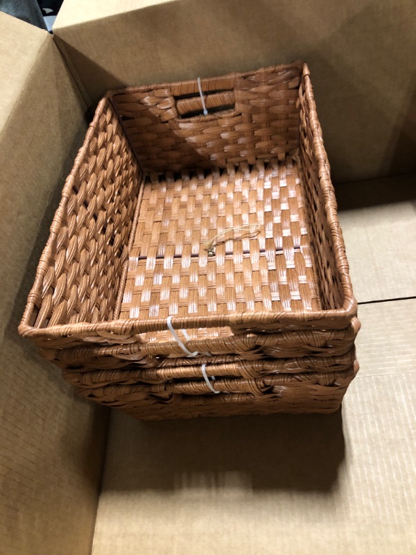 Photo 3 of Onlytak Large Wicker Storage Basket, Metal Frame, Set of 4, Washable Waterproof, 15" x 10.3" x 5.2", Caramel Orange, Woven Basket for Pantry, Toilet, Bathroom, Bedroom, Patio