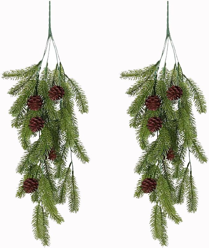 Photo 1 of 2Pcs Christmas Teardrop Swag, Large 31.5inch Winter Pine Needles Swag with Pine Cones, Artificial Christmas Greenery Teardrop Wreath for Xmas Table and Door Decoration