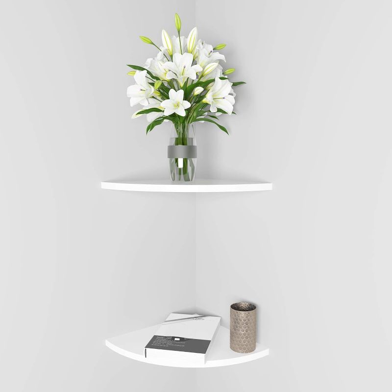 Photo 1 of 11 Inch Set of 2 Corner Wall Mounted Floating Shelf White,for Kitchen Room ,Living Room,Bathroom and Any Wall Corner Decor Display.
