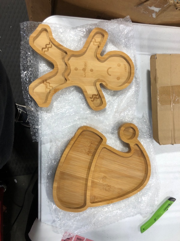 Photo 2 of 2 Pcs Cute Gingerbread Man Shaped Bamboo Serving Tray Charcuterie Board Natural Wooden Snack Platters Gifts Party Supplies Wood Candy Dish Bowl for Housewarming Party, 11.8 x 11.0 in, 11.8 x 9.3 in