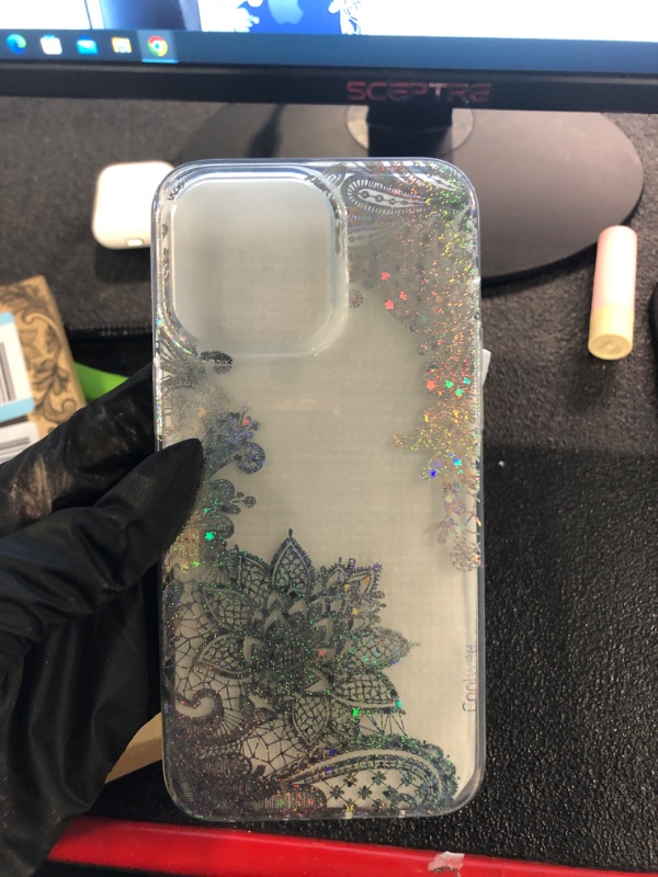 Photo 3 of Coolwee Anti Yellowing Clear Glitter for Apple iPhone 15 Pro Max Case Floral, 6.7 inch, 6.6ft Military Grade Protective Cute Mandala Crystal Bling Lace Slim TPU with Camera & Screen Protector Clear Glitter Lace