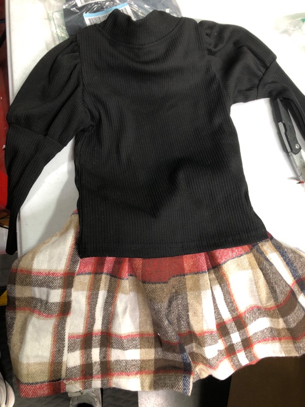 Photo 2 of BAVADER Toddler Girl Clothes, Fall Winter Kids Clothes Puff Long Sleeve Tops + Plaid Mini Skirts 2Pcs Outfits Set 3-4T Black+red Plaid