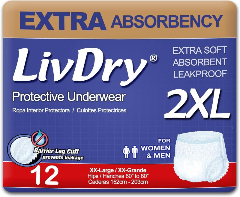 Photo 1 of LivDry Adult XXL Incontinence Underwear, Extra Absorbency Adult Diapers, Leak Protection, XX-Large, 12-Pack