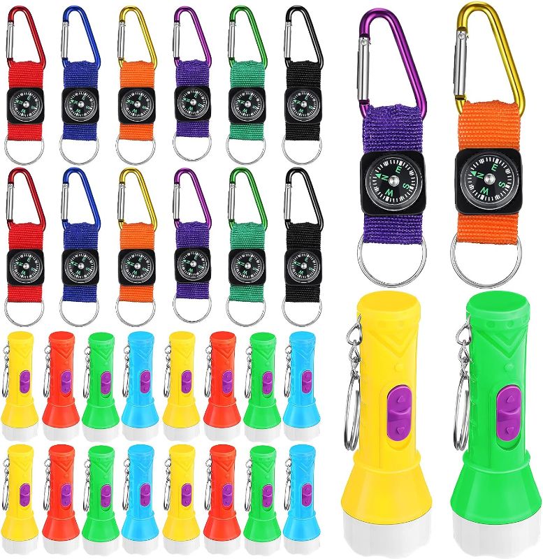 Photo 1 of 36 Pieces Camping Party Favors 18 Pieces Colorful Compass Keychains Belt Clips and 18 Pieces Mini Flashlight Keychains for Adults Kids Toys Prizes