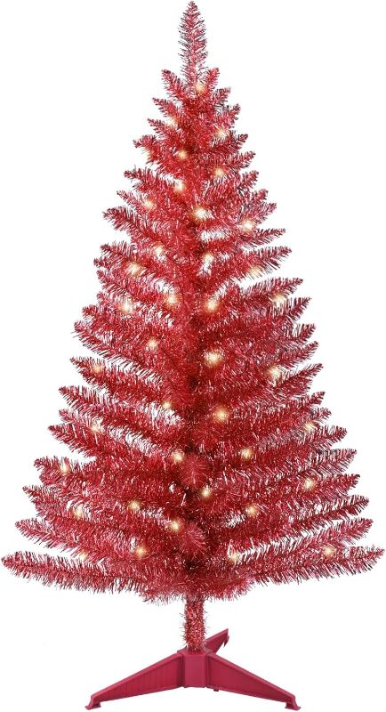 Photo 1 of 4ft Lighted Artificial Red Christmas Tree, Not Pre-lit Red Tinsel Pine Trees with Lights, Ideal for Ideal for Home, Office, and Xmas Party Décor - Includes Stand
