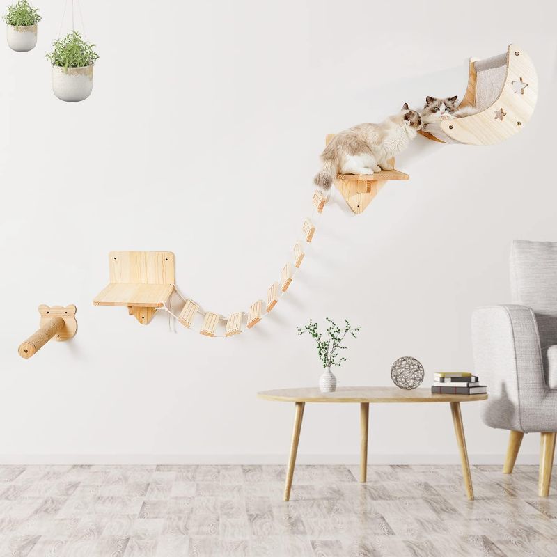 Photo 1 of  Cat Shelves and Perches for Wall Cat Furniture Cat Climbing Wall with Moon Cat Hammock Cat Perches Step and Bridge, Indoor Wall Mounted Cat Shelves for Playing Climbing Sleeping Lounging
