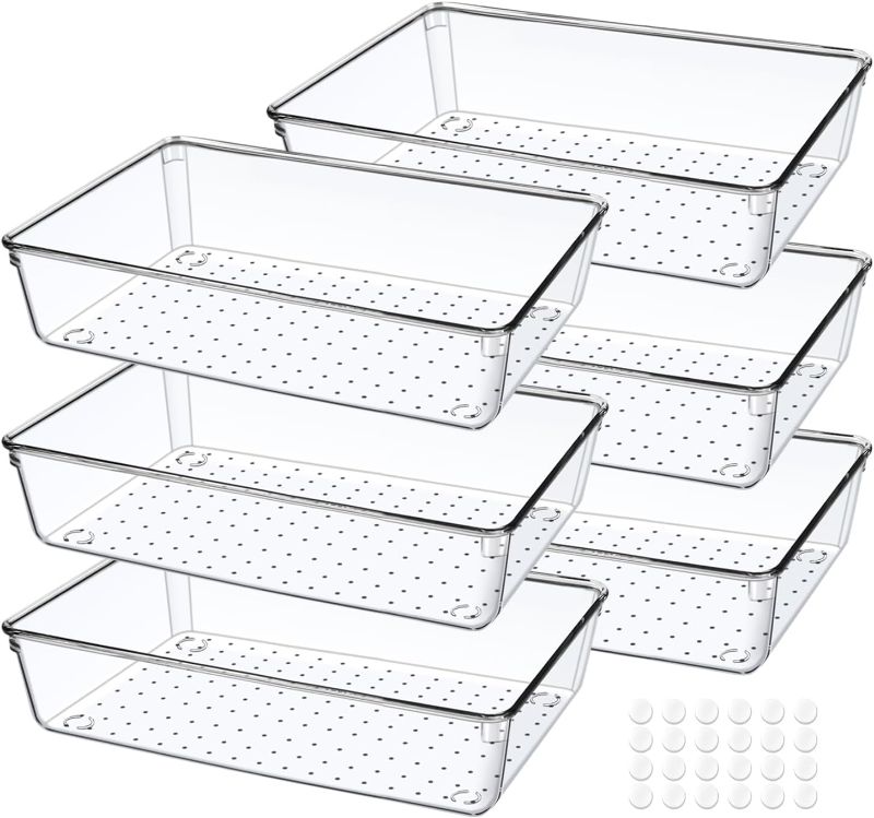 Photo 1 of 6 Pack Drawer Organizers, Plastic Clear Acrylic Non Slip Non Cracking kitchen drawer organizer Stackable Bathroom Drawer Organizer Trays, Storage Bins for Makeup, Bathroom, Kitchen Office