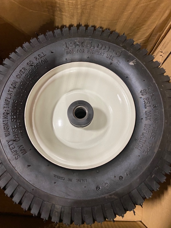 Photo 3 of 2-Pack 13x5.00-6 Flat-Free Tire with Rim,3"Centered Hub with 3/4" Bushings,w/Grease Fitting?400lbs Capacity,13x5-6 No-Flat Solid Rubber Turf Wheel,for Riding Lawn mower,Garden Cart,Wheelbarrow
