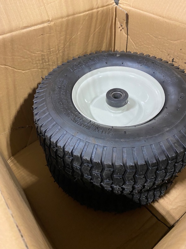 Photo 4 of 2-Pack 13x5.00-6 Flat-Free Tire with Rim,3"Centered Hub with 3/4" Bushings,w/Grease Fitting?400lbs Capacity,13x5-6 No-Flat Solid Rubber Turf Wheel,for Riding Lawn mower,Garden Cart,Wheelbarrow
