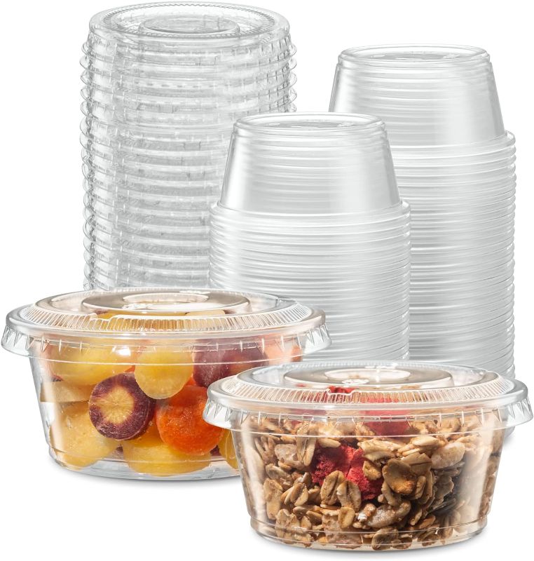 Photo 1 of (3.25 oz - 100 Sets) Clear Diposable Plastic Portion Cups With Lids, Small Mini Containers For Portion Controll, Jello Shots, Meal Prep, Sauce Cups, Slime, Condiments, Medicine, Dressings,
