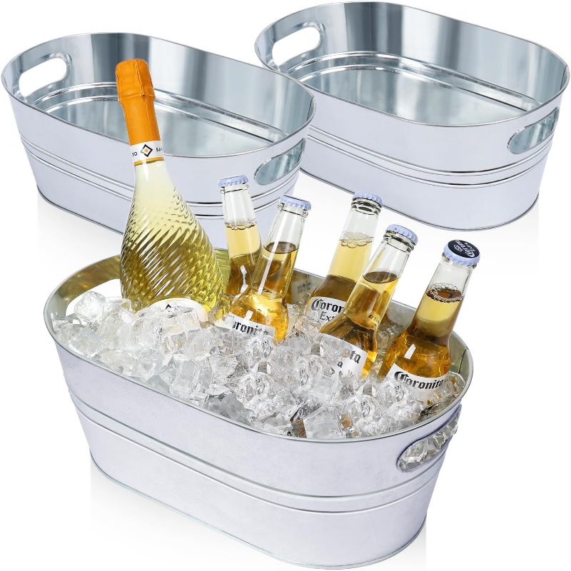 Photo 1 of 3 Pcs Galvanized Tub Ice Bucket Large Metal Drink Buckets for Parties Beer Beverage Tub with Carry Handles for Champagne Cocktails Wine Cooling for Mimosa Bar Supplies