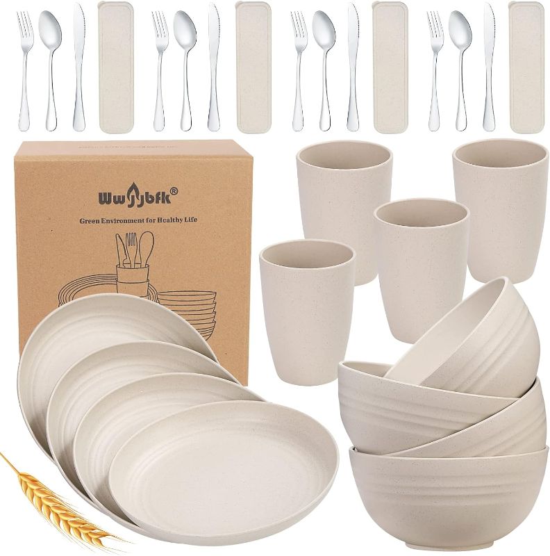 Photo 1 of 28PCS Kitchen Wheat Streaw Dinnerware Sets for 4, Wheat Straw Plates and Bowls Sets, College Dorm Dinnerware Dishes Set for 4 with Cutlery Set (Beige)
