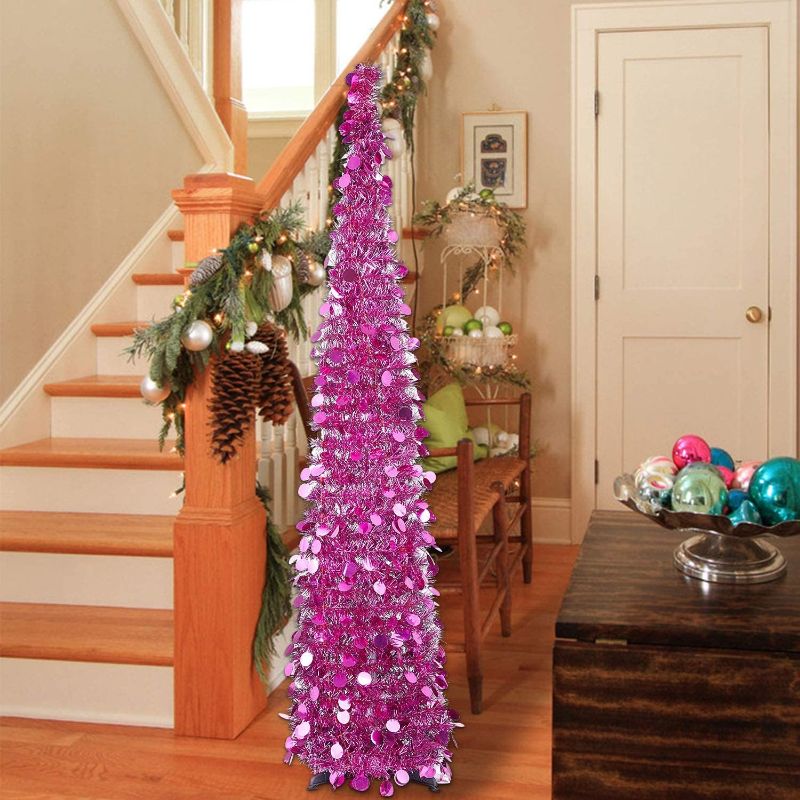 Photo 1 of 5ft Pop up Christmas Tinsel Tree with Stand?MACTING Easy-Assembly Tinsel Coastal Glittery Christmas Tree for Holiday Xmas Decorations (Fuchsia)