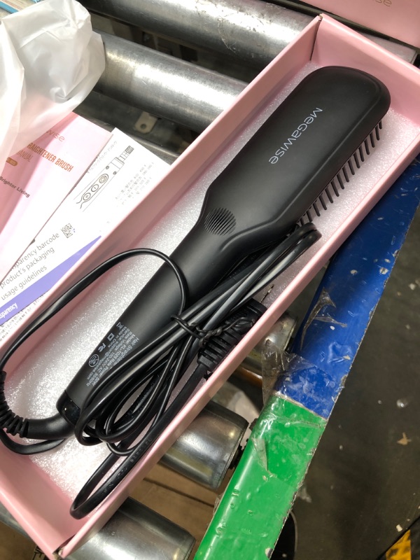 Photo 3 of MEGAWISE Pro Ceramic Ionic Hair Straightener Brush for Home Salon, Straightening Hair Brush with 20s Heating Tech, Auto-Off, Anti-Scald with Universal Dual Voltage,Rotatable Power Cord Black