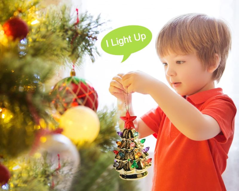 Photo 1 of B SEPOR Set of 3 Mini 4.5" Inch Nostalgic LED Ceramic Christmas Tree with Lights Xmas Tree That Light Up Hanging Ornaments White Golden Green Assorted for Holiday Decoration and Gifts