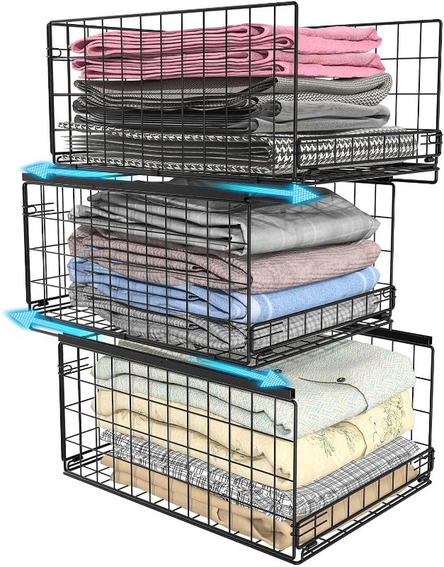 Photo 1 of 3-tier Sliding Closet Organizers and Drawer Storage Shelves, Stackable Storage Bins for Jean Pants Sweaters, Wardrobe Cupboard Organizer for Clothe-Black