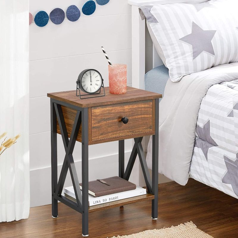 Photo 1 of  Modern Side End Table, Nightstand Storage Shelf with Bin Drawer for Living Room, Bedroom, Lounge, 15.8in11.8in21.7in, Antique Brown 2