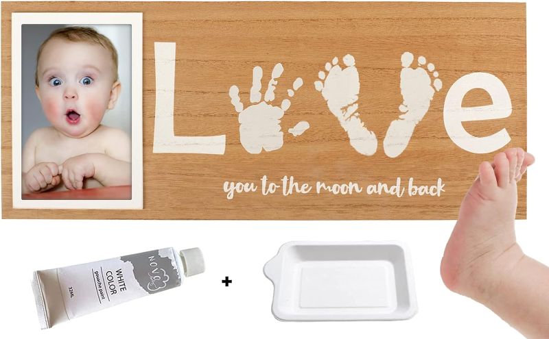 Photo 1 of Baby Footprint & Handprint Photo Frame Kit | Capture Unforgettable Moments! Includes White Paint and Paint Tray | Newborn Keepsake Frame | Hand & Foot Impression (17 x 7 Inches