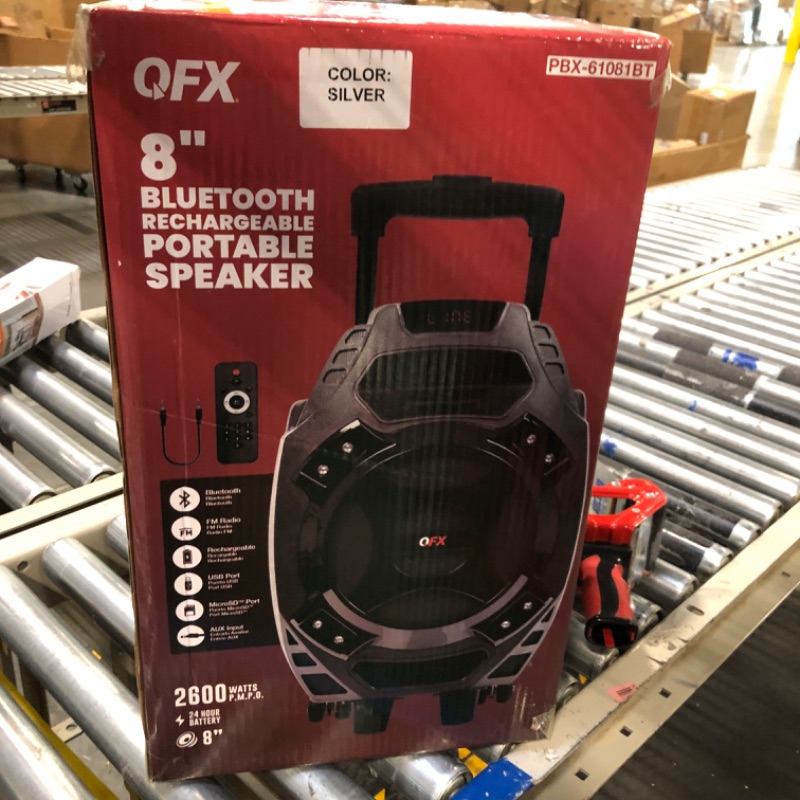 Photo 3 of QFX PBX-61081 Rechargeable Portable Speaker | 8" Woofer | 2,600 Watts | Bluetooth, AUX, SD Card, FM Radio | Handle, Wheels, 12 Lbs | Perfect for Tailgating, Indoors, Outdoors Audio | Silver